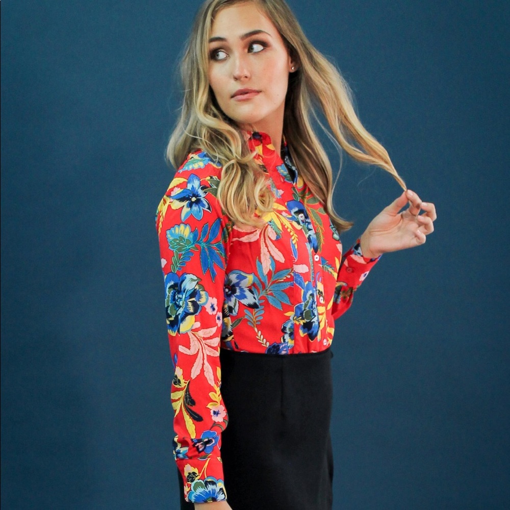 Red Floral Horse Camp Long Sleeve